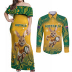 Custom Australia Rugby 2024 Couples Matching Off Shoulder Maxi Dress and Long Sleeve Button Shirt Go Wallabies Aboriginal Pattern