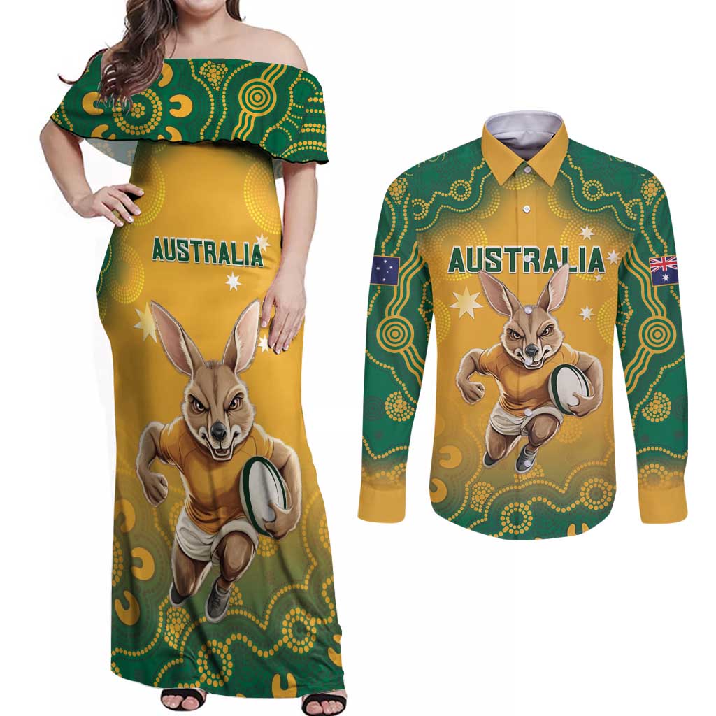 Custom Australia Rugby 2024 Couples Matching Off Shoulder Maxi Dress and Long Sleeve Button Shirt Go Wallabies Aboriginal Pattern