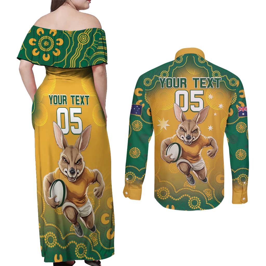 Custom Australia Rugby 2024 Couples Matching Off Shoulder Maxi Dress and Long Sleeve Button Shirt Go Wallabies Aboriginal Pattern