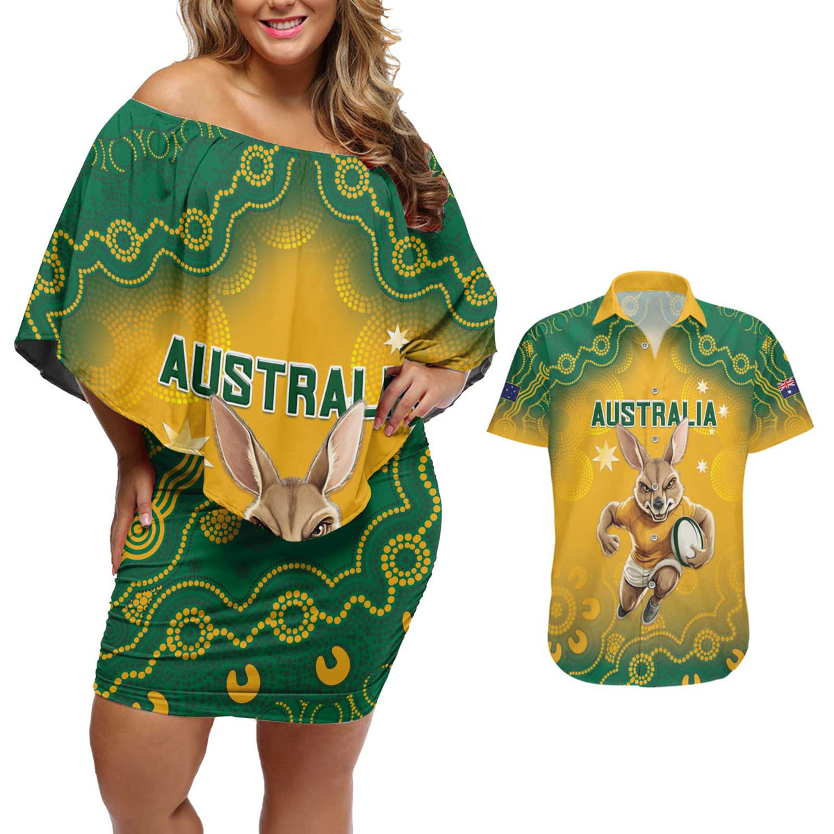 Custom Australia Rugby 2024 Couples Matching Off Shoulder Short Dress and Hawaiian Shirt Go Wallabies Aboriginal Pattern