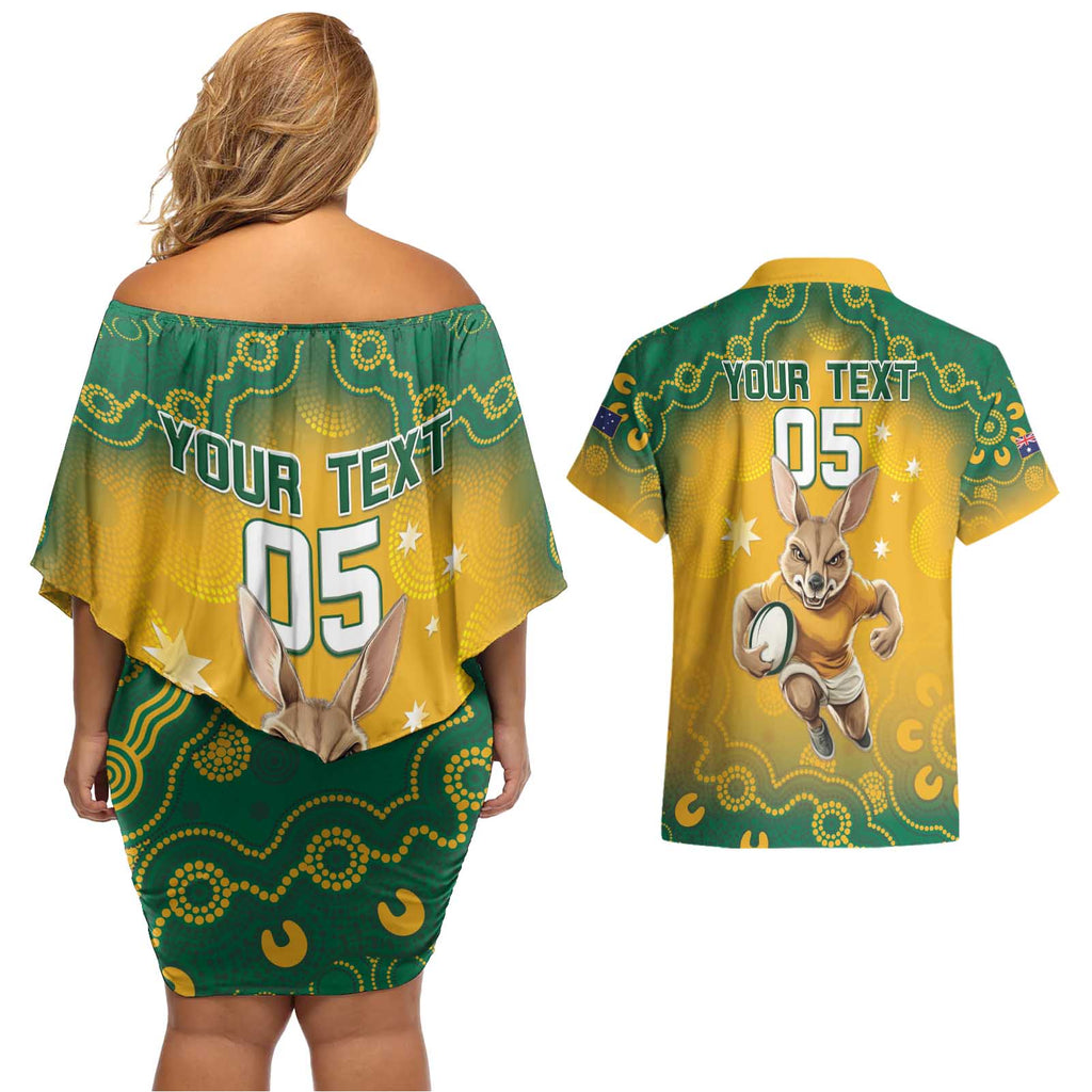 Custom Australia Rugby 2024 Couples Matching Off Shoulder Short Dress and Hawaiian Shirt Go Wallabies Aboriginal Pattern