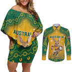 Custom Australia Rugby 2024 Couples Matching Off Shoulder Short Dress and Long Sleeve Button Shirt Go Wallabies Aboriginal Pattern