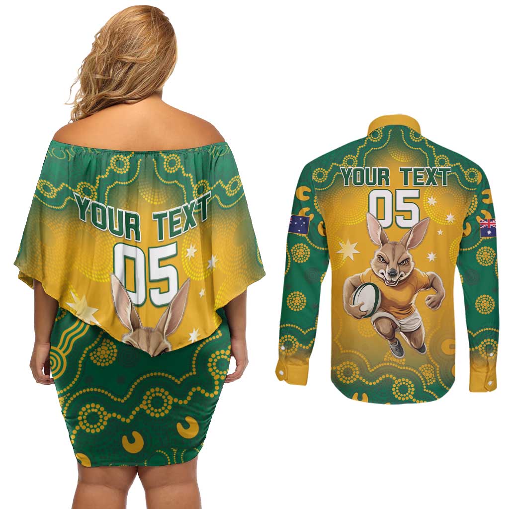 Custom Australia Rugby 2024 Couples Matching Off Shoulder Short Dress and Long Sleeve Button Shirt Go Wallabies Aboriginal Pattern