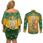 Custom Australia Rugby 2024 Couples Matching Off Shoulder Short Dress and Long Sleeve Button Shirt Go Wallabies Aboriginal Pattern