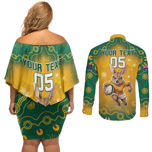 Custom Australia Rugby 2024 Couples Matching Off Shoulder Short Dress and Long Sleeve Button Shirt Go Wallabies Aboriginal Pattern