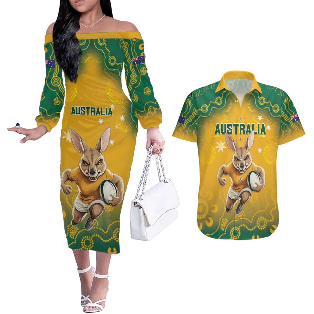 Custom Australia Rugby 2024 Couples Matching Off The Shoulder Long Sleeve Dress and Hawaiian Shirt Go Wallabies Aboriginal Pattern