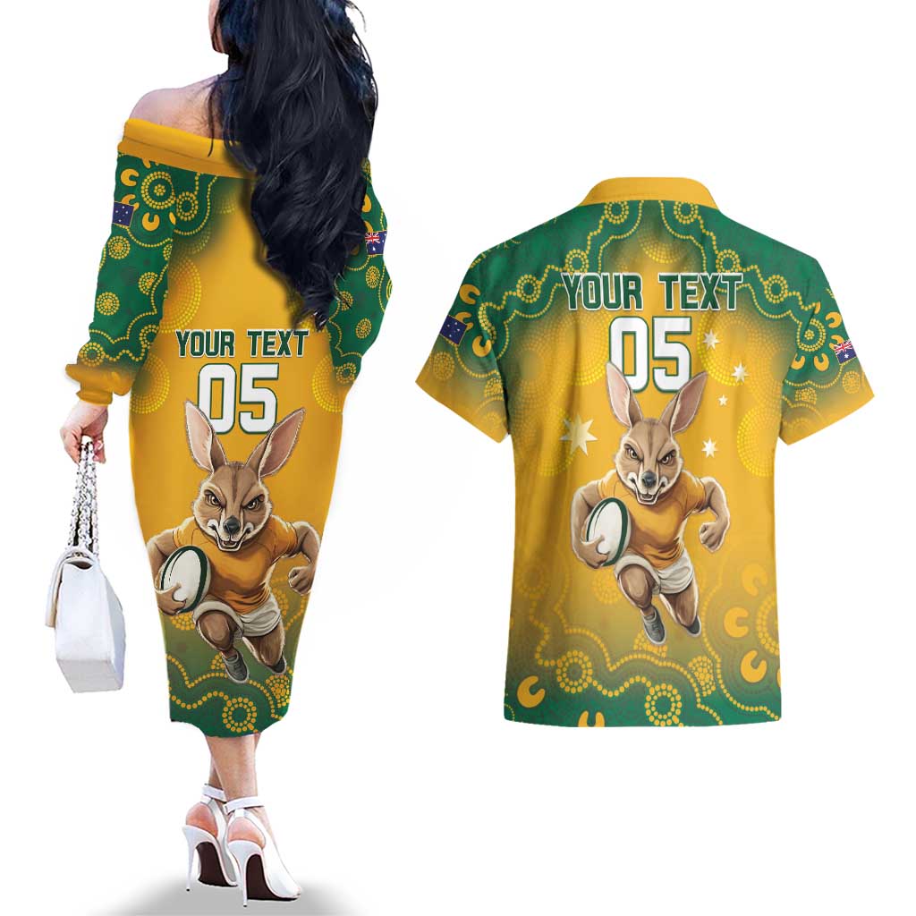 Custom Australia Rugby 2024 Couples Matching Off The Shoulder Long Sleeve Dress and Hawaiian Shirt Go Wallabies Aboriginal Pattern