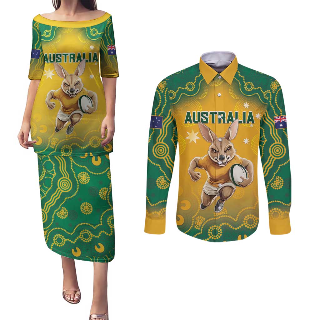 Custom Australia Rugby 2024 Couples Matching Puletasi and Long Sleeve Button Shirt Go Wallabies Aboriginal Pattern