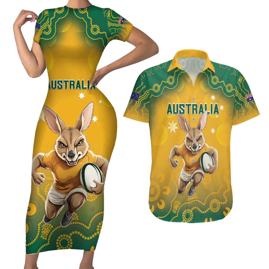 Custom Australia Rugby 2024 Couples Matching Short Sleeve Bodycon Dress and Hawaiian Shirt Go Wallabies Aboriginal Pattern