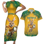 Custom Australia Rugby 2024 Couples Matching Short Sleeve Bodycon Dress and Hawaiian Shirt Go Wallabies Aboriginal Pattern