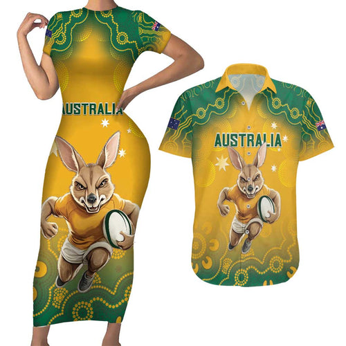 Custom Australia Rugby 2024 Couples Matching Short Sleeve Bodycon Dress and Hawaiian Shirt Go Wallabies Aboriginal Pattern