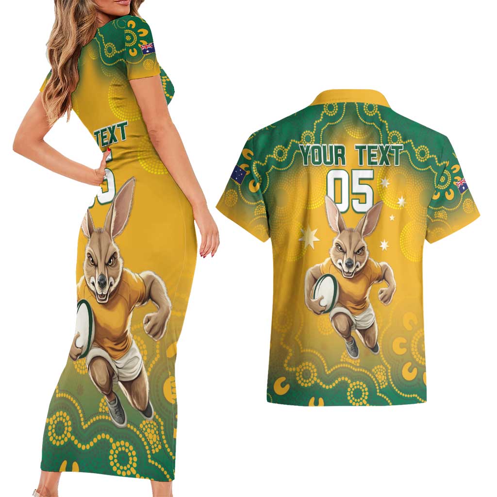 Custom Australia Rugby 2024 Couples Matching Short Sleeve Bodycon Dress and Hawaiian Shirt Go Wallabies Aboriginal Pattern