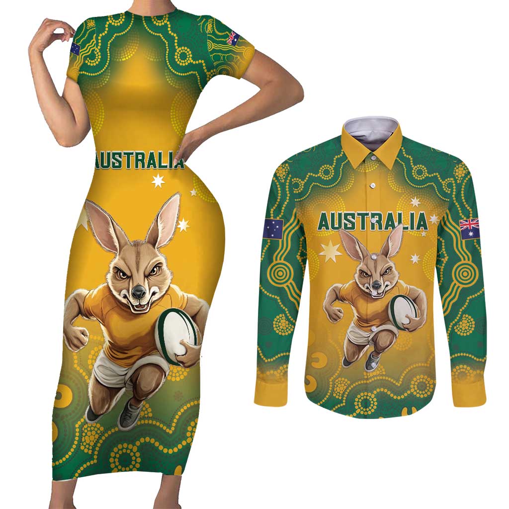 Custom Australia Rugby 2024 Couples Matching Short Sleeve Bodycon Dress and Long Sleeve Button Shirt Go Wallabies Aboriginal Pattern