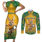 Custom Australia Rugby 2024 Couples Matching Short Sleeve Bodycon Dress and Long Sleeve Button Shirt Go Wallabies Aboriginal Pattern