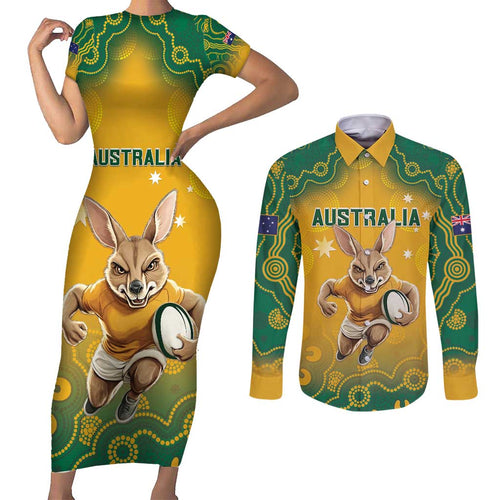 Custom Australia Rugby 2024 Couples Matching Short Sleeve Bodycon Dress and Long Sleeve Button Shirt Go Wallabies Aboriginal Pattern