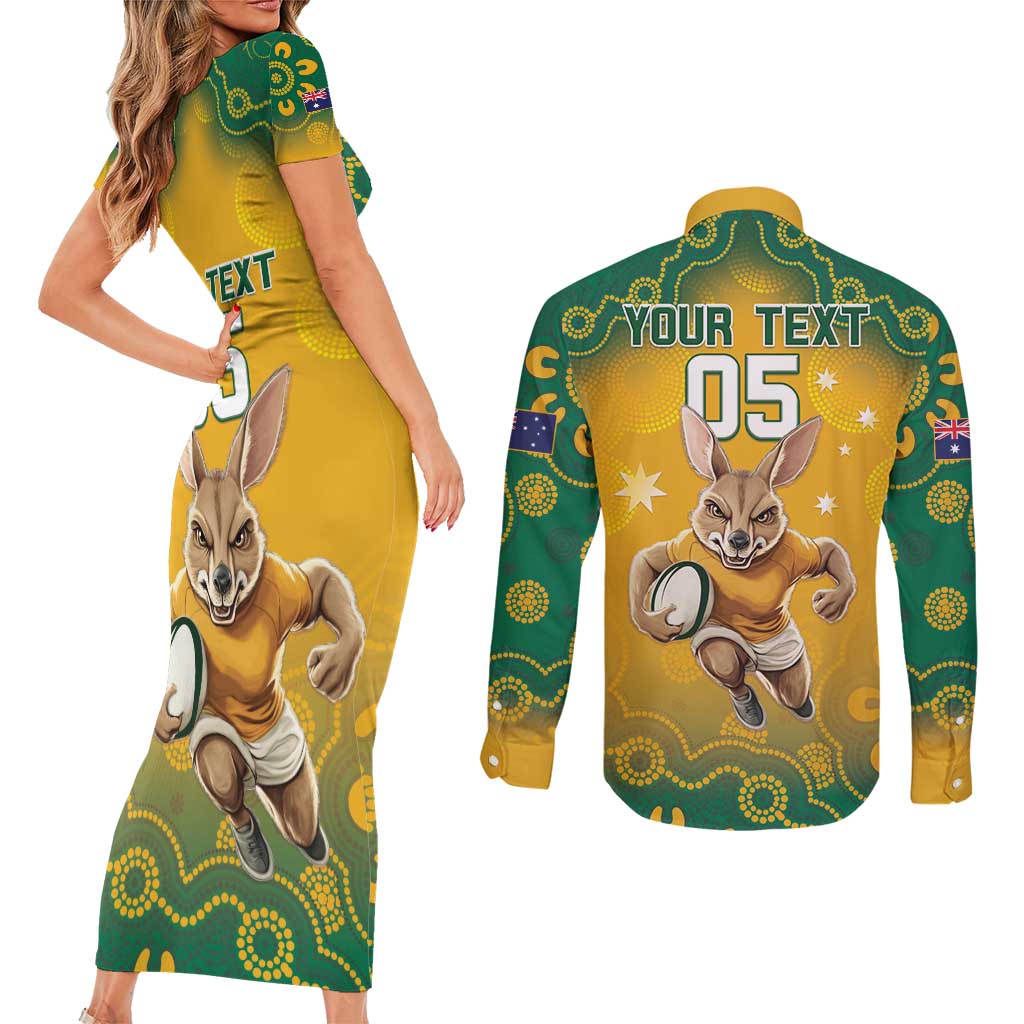Custom Australia Rugby 2024 Couples Matching Short Sleeve Bodycon Dress and Long Sleeve Button Shirt Go Wallabies Aboriginal Pattern