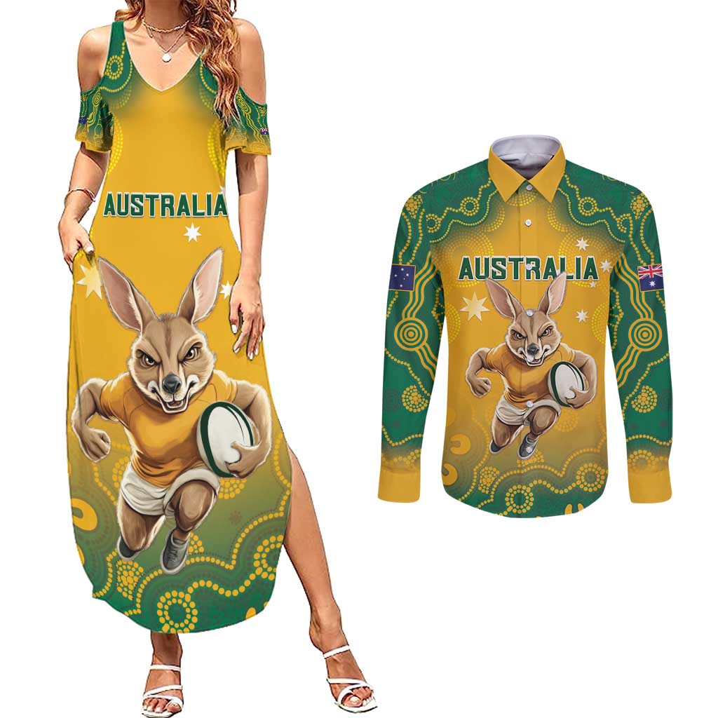 Custom Australia Rugby 2024 Couples Matching Summer Maxi Dress and Long Sleeve Button Shirt Go Wallabies Aboriginal Pattern