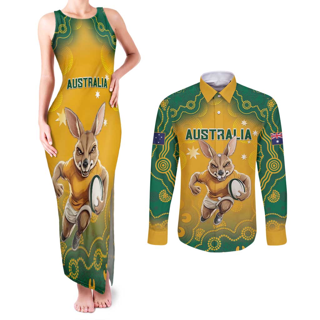 Custom Australia Rugby 2024 Couples Matching Tank Maxi Dress and Long Sleeve Button Shirt Go Wallabies Aboriginal Pattern