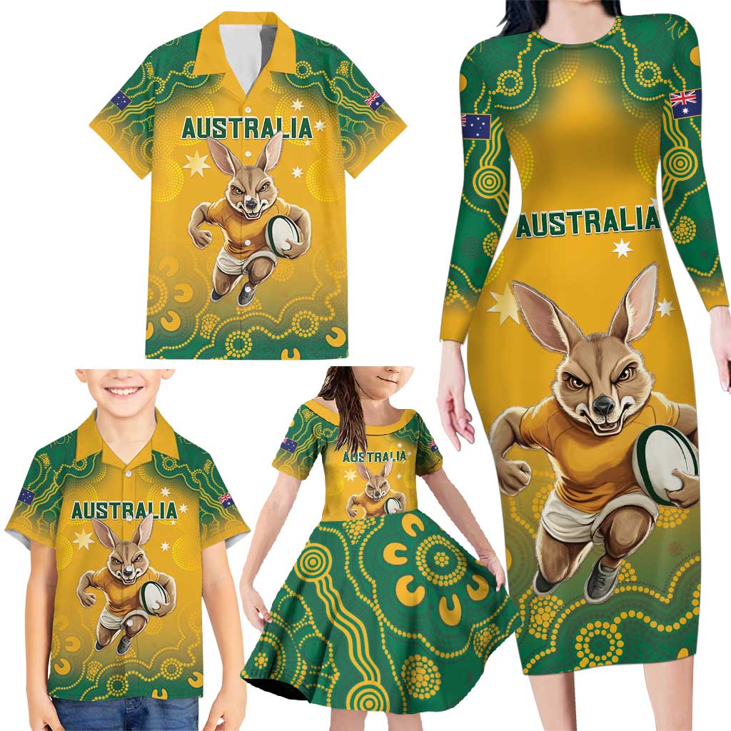 Custom Australia Rugby 2024 Family Matching Long Sleeve Bodycon Dress and Hawaiian Shirt Go Wallabies Aboriginal Pattern
