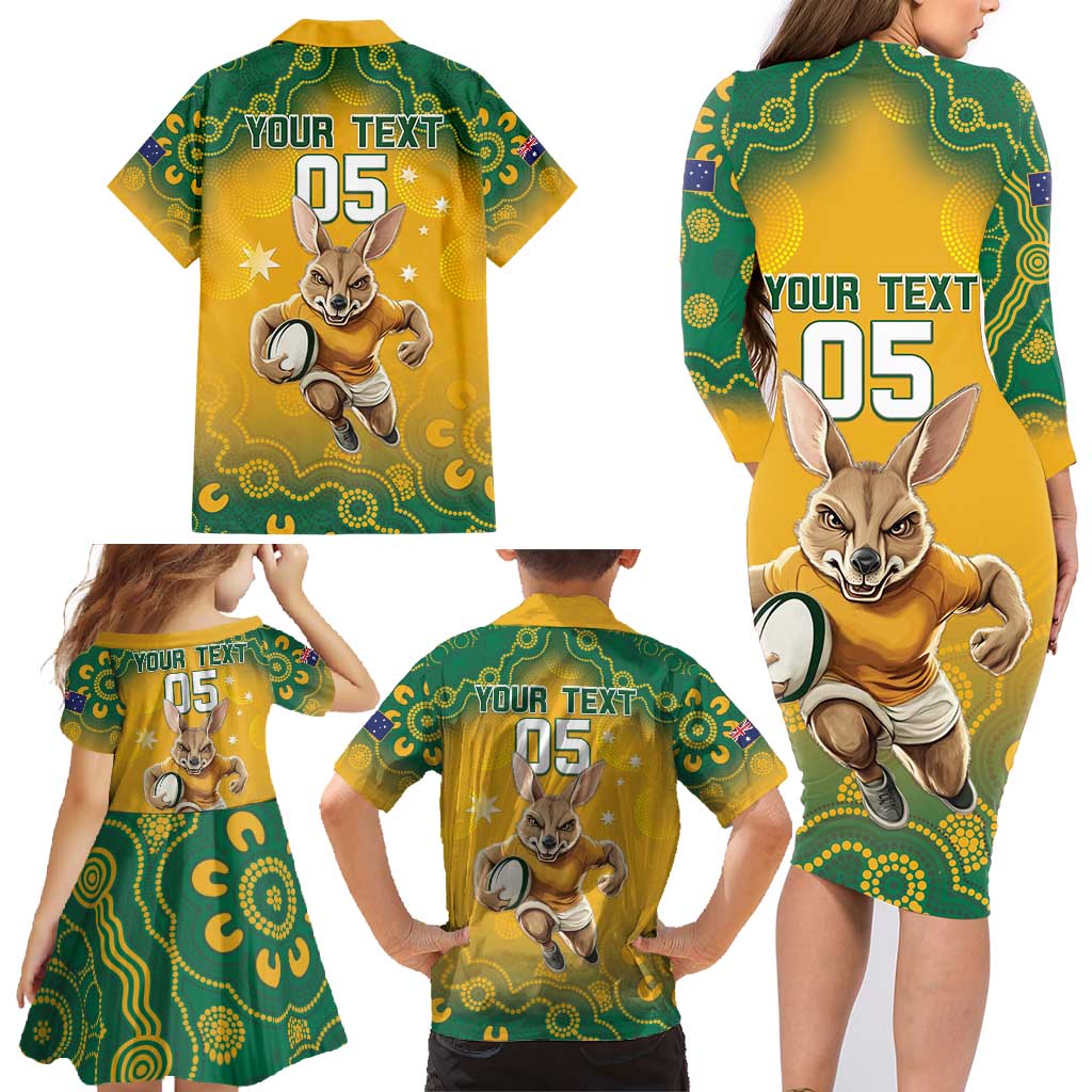 Custom Australia Rugby 2024 Family Matching Long Sleeve Bodycon Dress and Hawaiian Shirt Go Wallabies Aboriginal Pattern