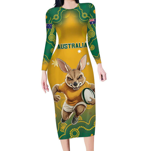 Custom Australia Rugby 2024 Family Matching Long Sleeve Bodycon Dress and Hawaiian Shirt Go Wallabies Aboriginal Pattern