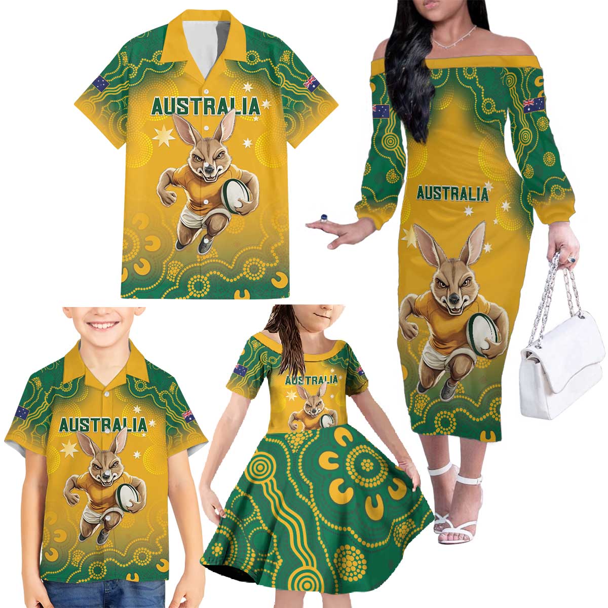 Custom Australia Rugby 2024 Family Matching Off The Shoulder Long Sleeve Dress and Hawaiian Shirt Go Wallabies Aboriginal Pattern