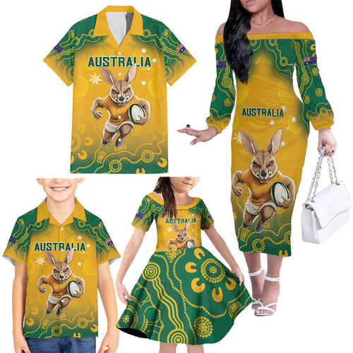 Custom Australia Rugby 2024 Family Matching Off The Shoulder Long Sleeve Dress and Hawaiian Shirt Go Wallabies Aboriginal Pattern