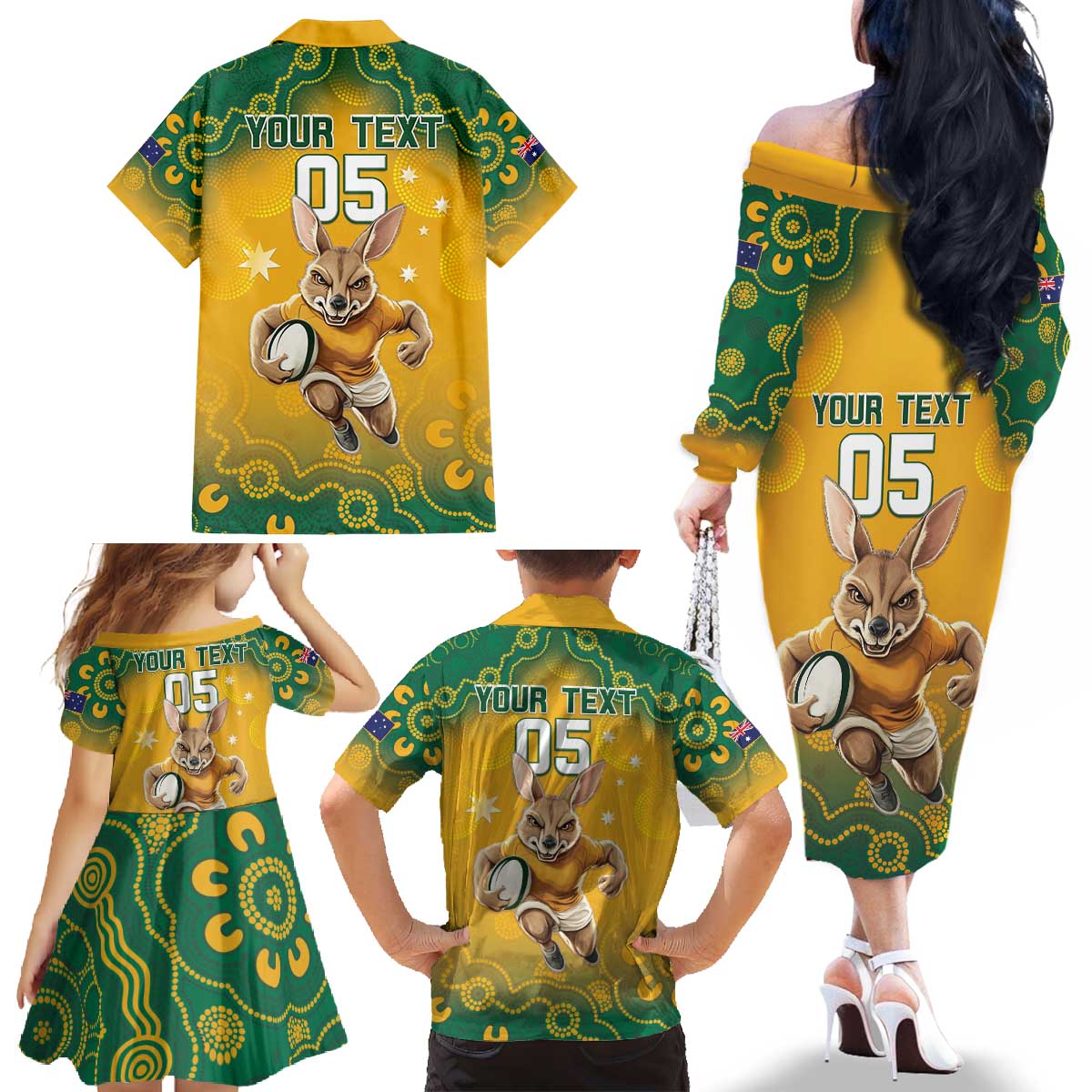 Custom Australia Rugby 2024 Family Matching Off The Shoulder Long Sleeve Dress and Hawaiian Shirt Go Wallabies Aboriginal Pattern