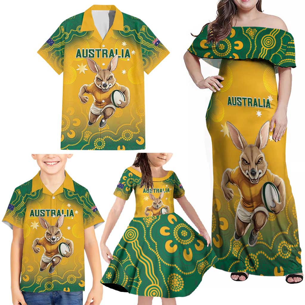 Custom Australia Rugby 2024 Family Matching Off Shoulder Maxi Dress and Hawaiian Shirt Go Wallabies Aboriginal Pattern