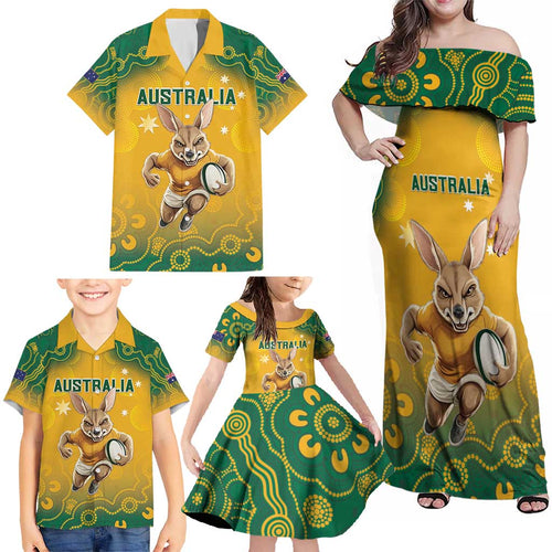Custom Australia Rugby 2024 Family Matching Off Shoulder Maxi Dress and Hawaiian Shirt Go Wallabies Aboriginal Pattern