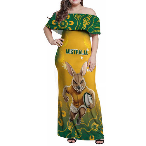 Custom Australia Rugby 2024 Family Matching Off Shoulder Maxi Dress and Hawaiian Shirt Go Wallabies Aboriginal Pattern