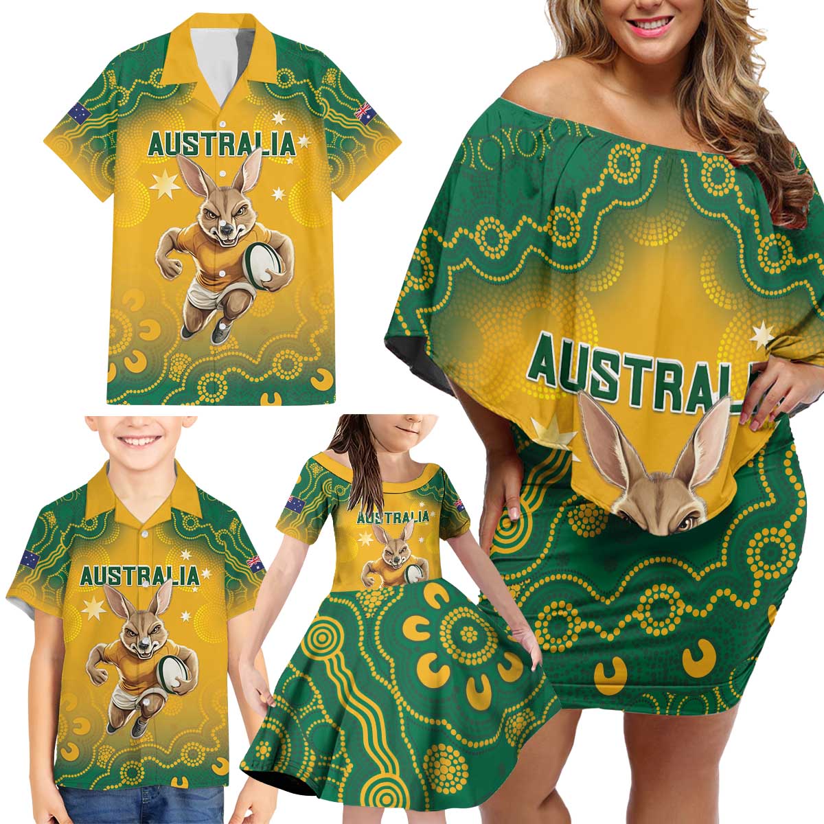 Custom Australia Rugby 2024 Family Matching Off Shoulder Short Dress and Hawaiian Shirt Go Wallabies Aboriginal Pattern