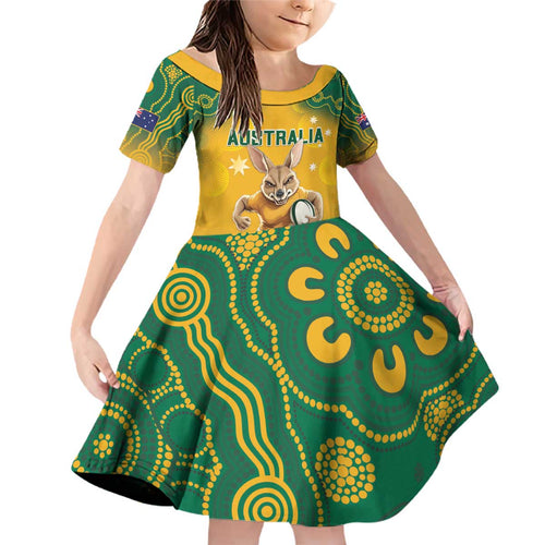 Custom Australia Rugby 2024 Family Matching Off Shoulder Short Dress and Hawaiian Shirt Go Wallabies Aboriginal Pattern