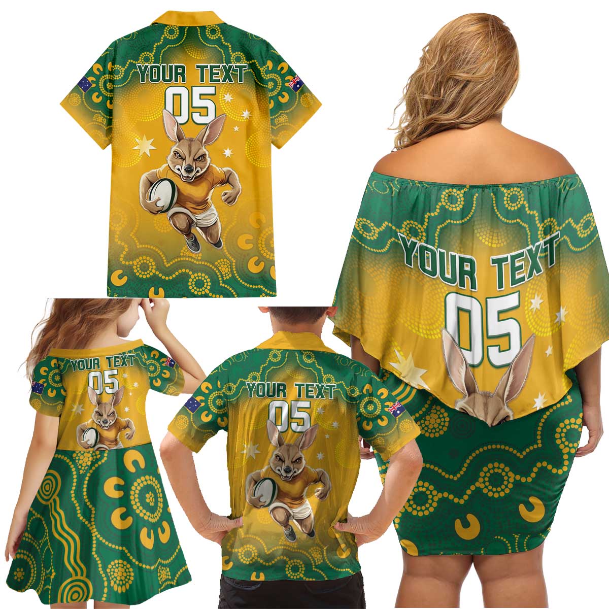 Custom Australia Rugby 2024 Family Matching Off Shoulder Short Dress and Hawaiian Shirt Go Wallabies Aboriginal Pattern
