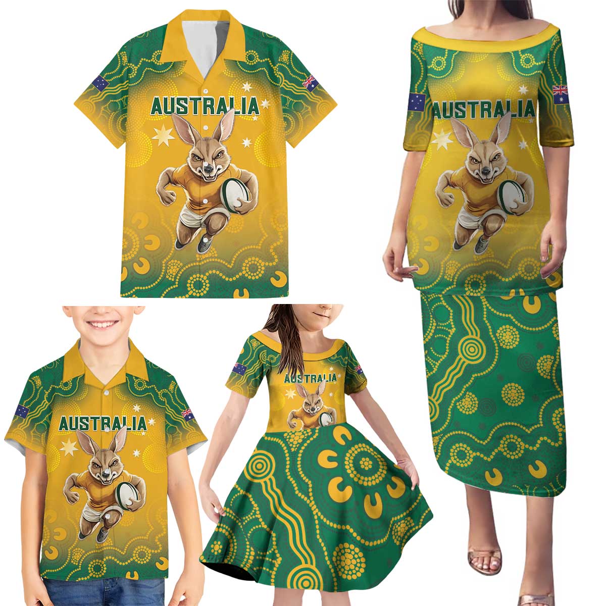 Custom Australia Rugby 2024 Family Matching Puletasi and Hawaiian Shirt Go Wallabies Aboriginal Pattern