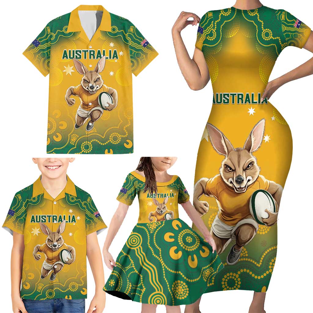 Custom Australia Rugby 2024 Family Matching Short Sleeve Bodycon Dress and Hawaiian Shirt Go Wallabies Aboriginal Pattern