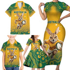 Custom Australia Rugby 2024 Family Matching Short Sleeve Bodycon Dress and Hawaiian Shirt Go Wallabies Aboriginal Pattern