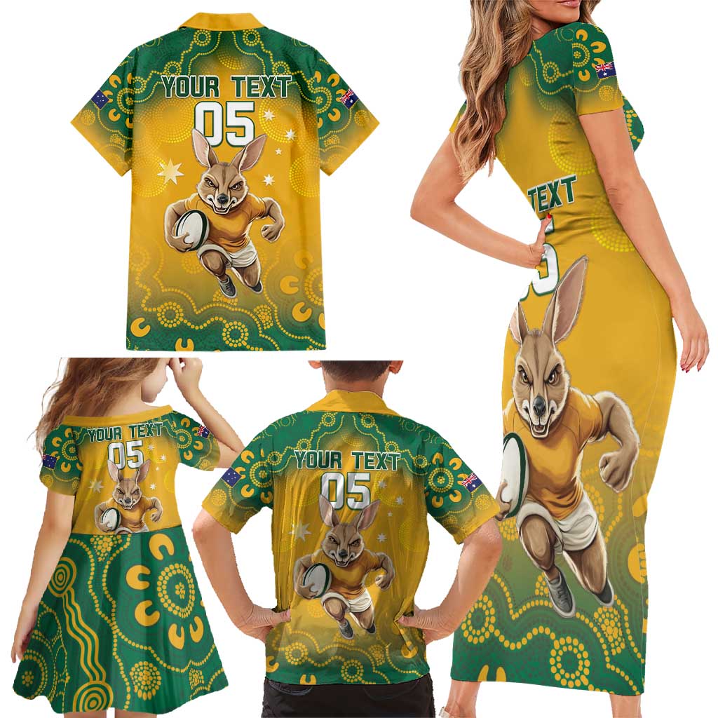 Custom Australia Rugby 2024 Family Matching Short Sleeve Bodycon Dress and Hawaiian Shirt Go Wallabies Aboriginal Pattern
