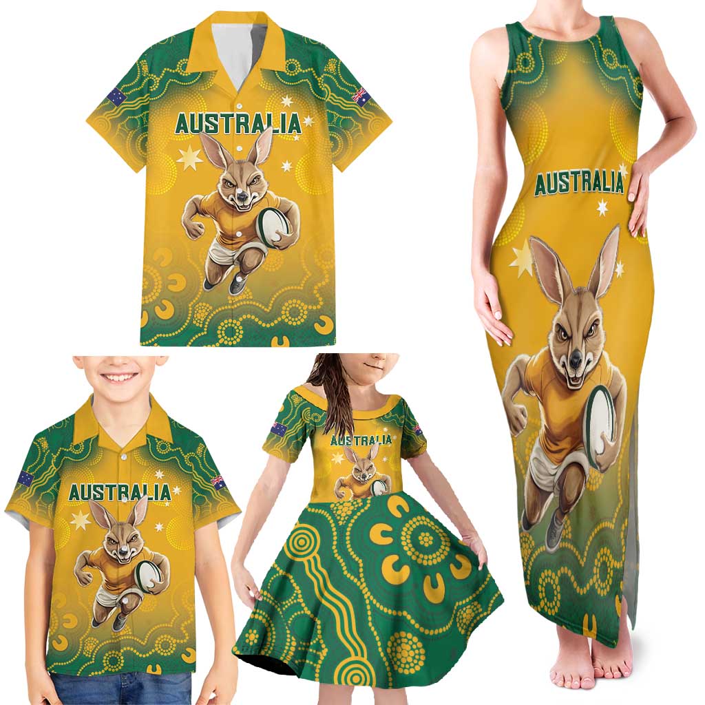 Custom Australia Rugby 2024 Family Matching Tank Maxi Dress and Hawaiian Shirt Go Wallabies Aboriginal Pattern