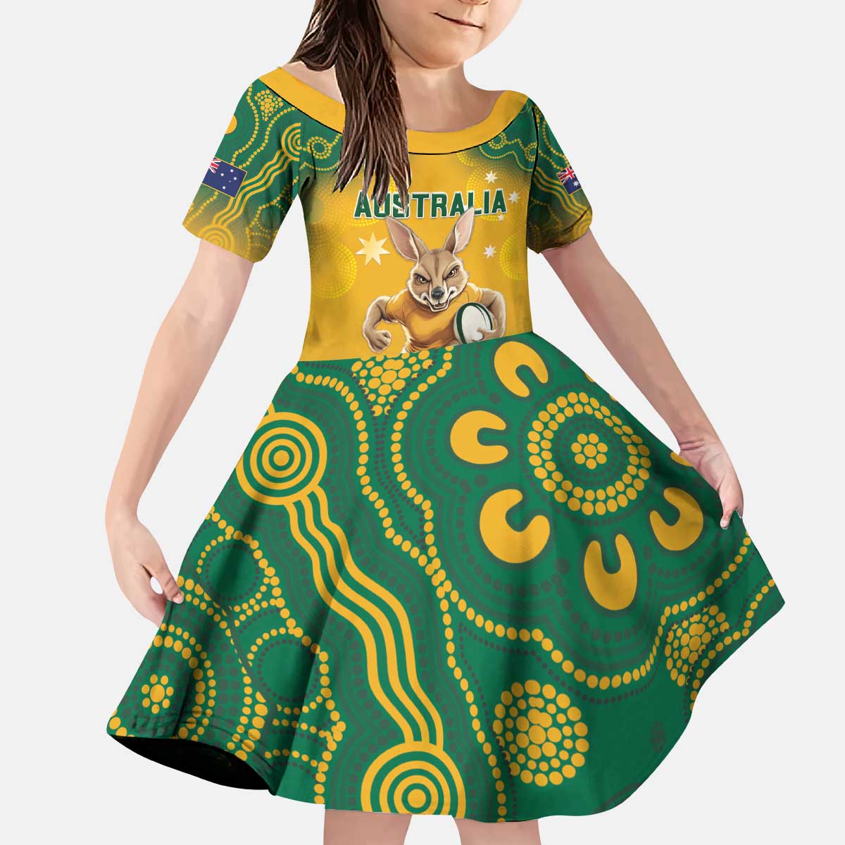 Custom Australia Rugby 2024 Kid Short Sleeve Dress Go Wallabies Aboriginal Pattern