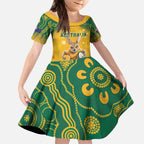 Custom Australia Rugby 2024 Kid Short Sleeve Dress Go Wallabies Aboriginal Pattern