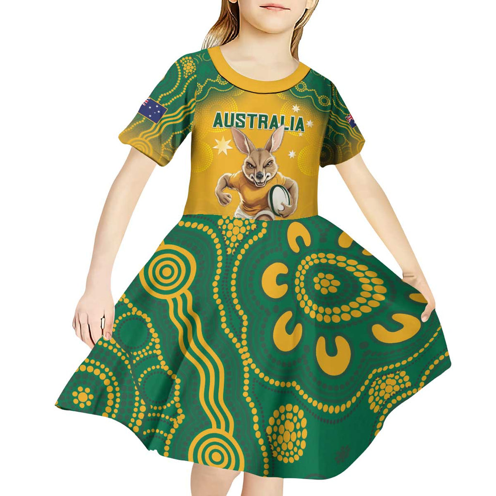 Custom Australia Rugby 2024 Kid Short Sleeve Dress Go Wallabies Aboriginal Pattern