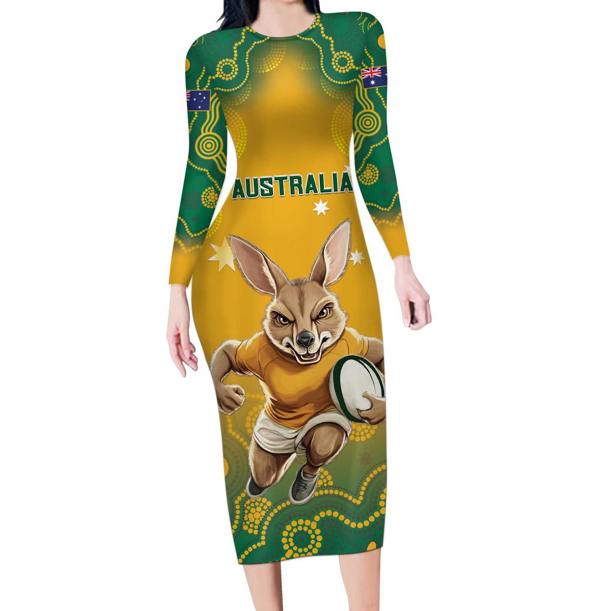 Custom Australia Rugby 2024 Long Sleeve Bodycon Dress Go Wallabies Aboriginal Pattern