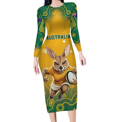 Custom Australia Rugby 2024 Long Sleeve Bodycon Dress Go Wallabies Aboriginal Pattern