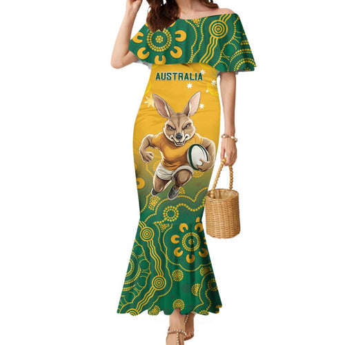 Custom Australia Rugby 2024 Mermaid Dress Go Wallabies Aboriginal Pattern