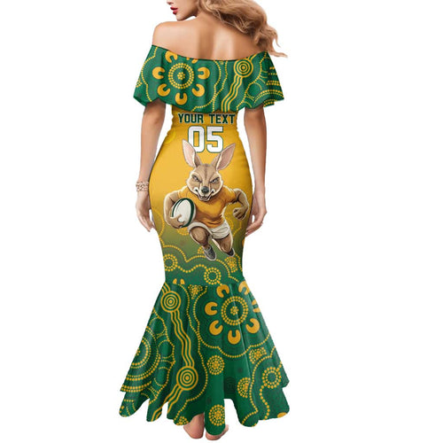 Custom Australia Rugby 2024 Mermaid Dress Go Wallabies Aboriginal Pattern