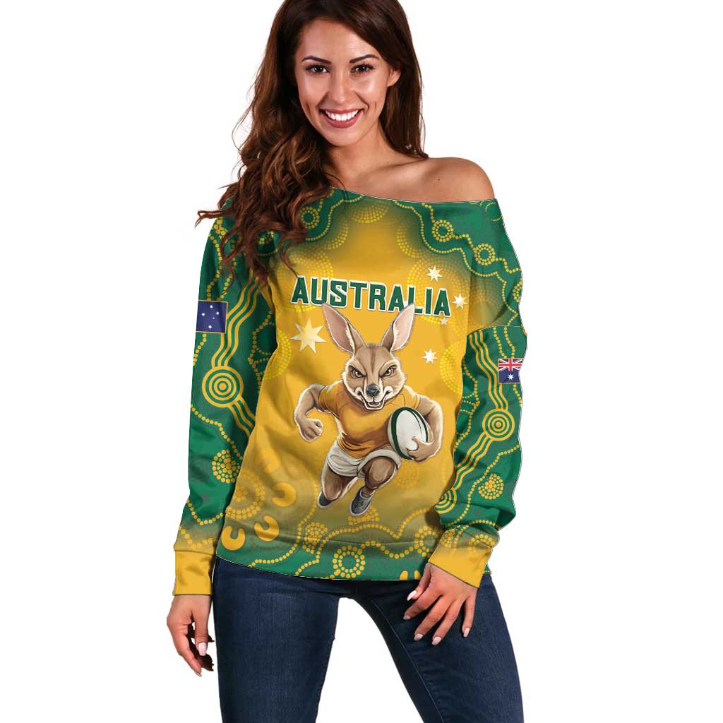 Custom Australia Rugby 2024 Off Shoulder Sweater Go Wallabies Aboriginal Pattern