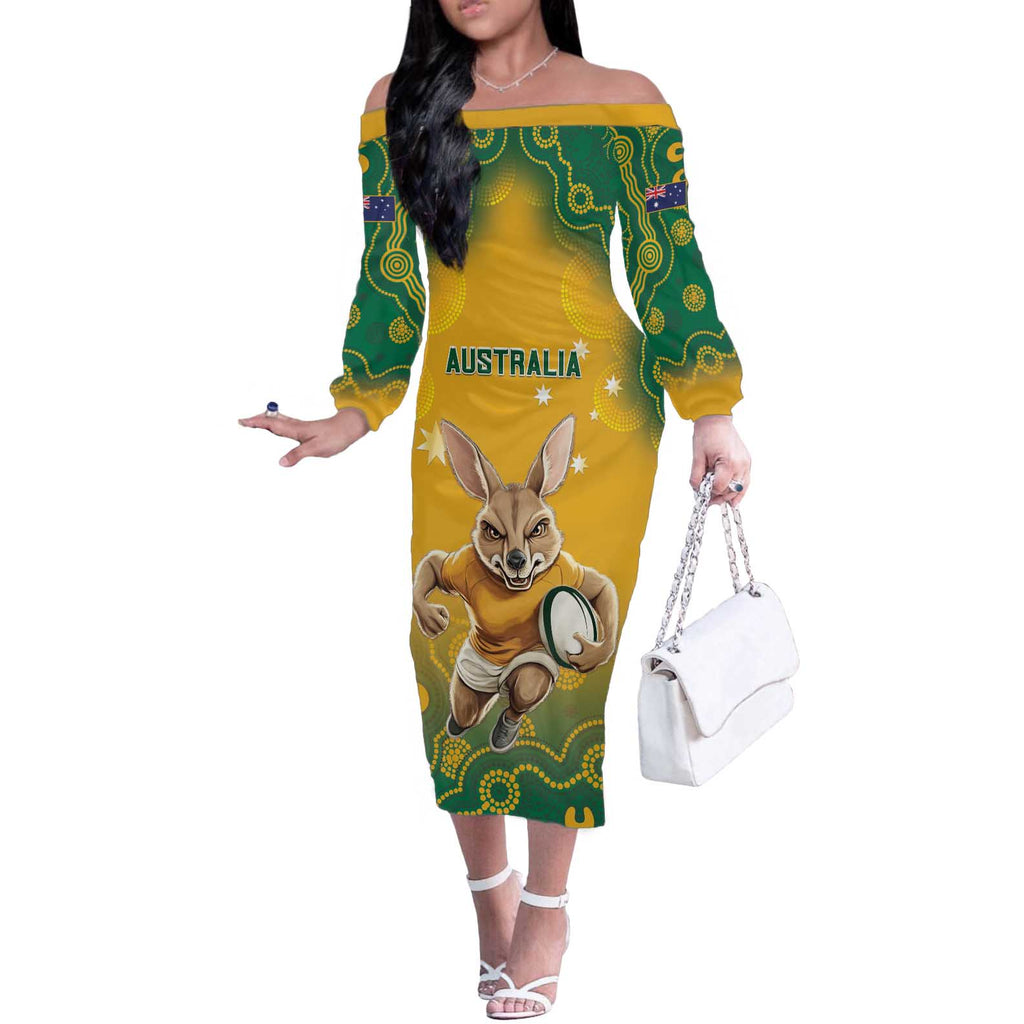 Custom Australia Rugby 2024 Off The Shoulder Long Sleeve Dress Go Wallabies Aboriginal Pattern