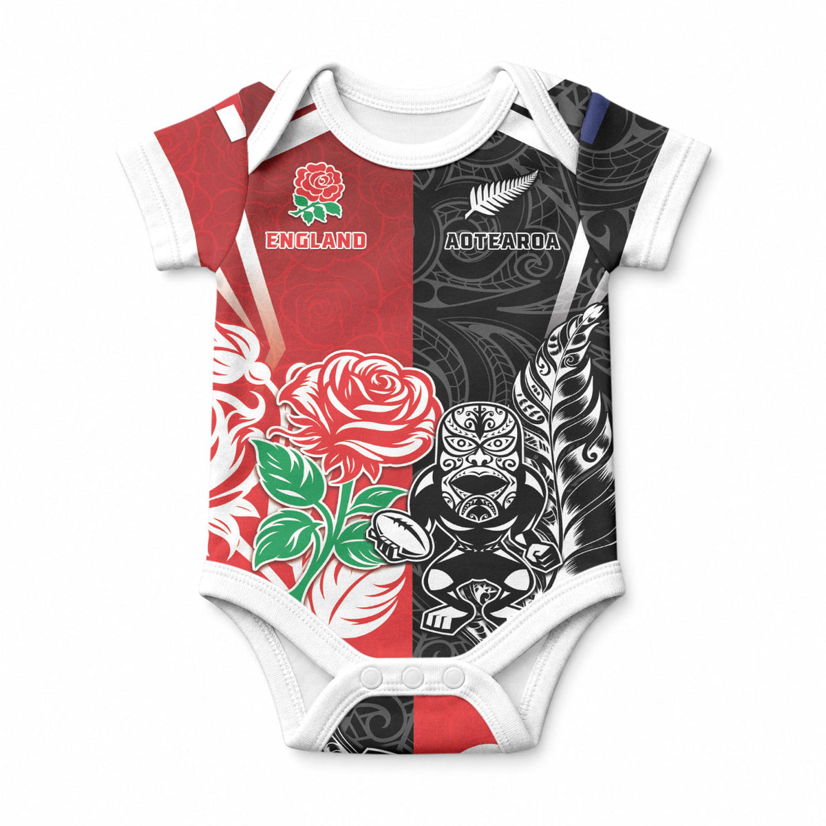 New Zealand And England Rugby Custom Baby Onesie Maori Tiki With Red Rose Together