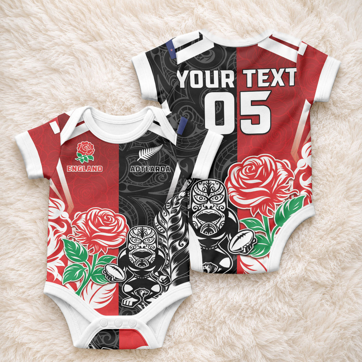 New Zealand And England Rugby Custom Baby Onesie Maori Tiki With Red Rose Together